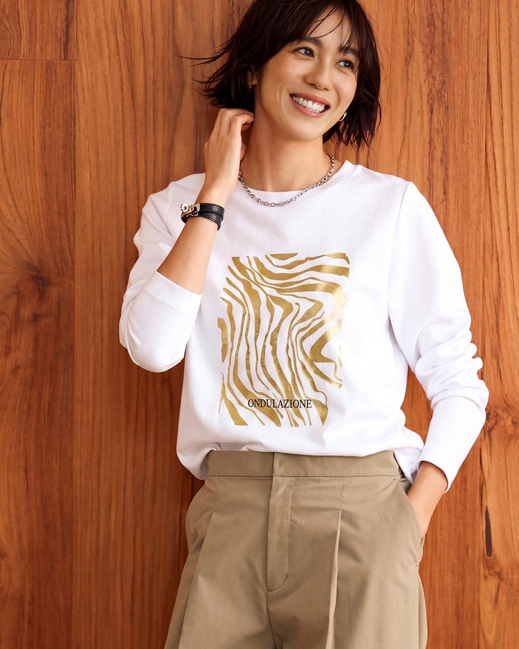 ダブル編み・グラフィックTシャツ／長袖 詳細画像 オフホワイト 1