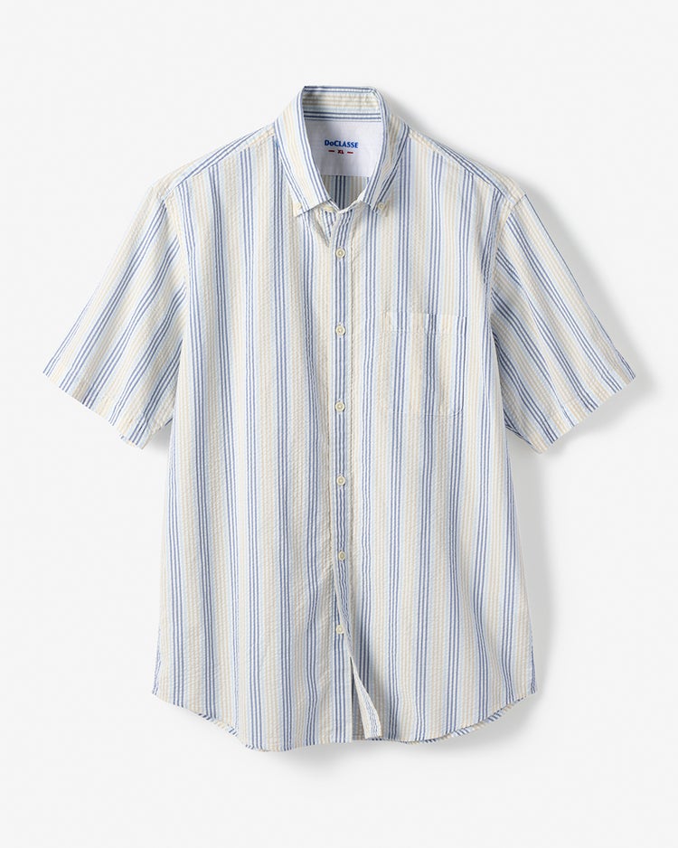 ライトコットン先染めシアサッカー半袖 詳細画像 サックス&times;ベージュ 1