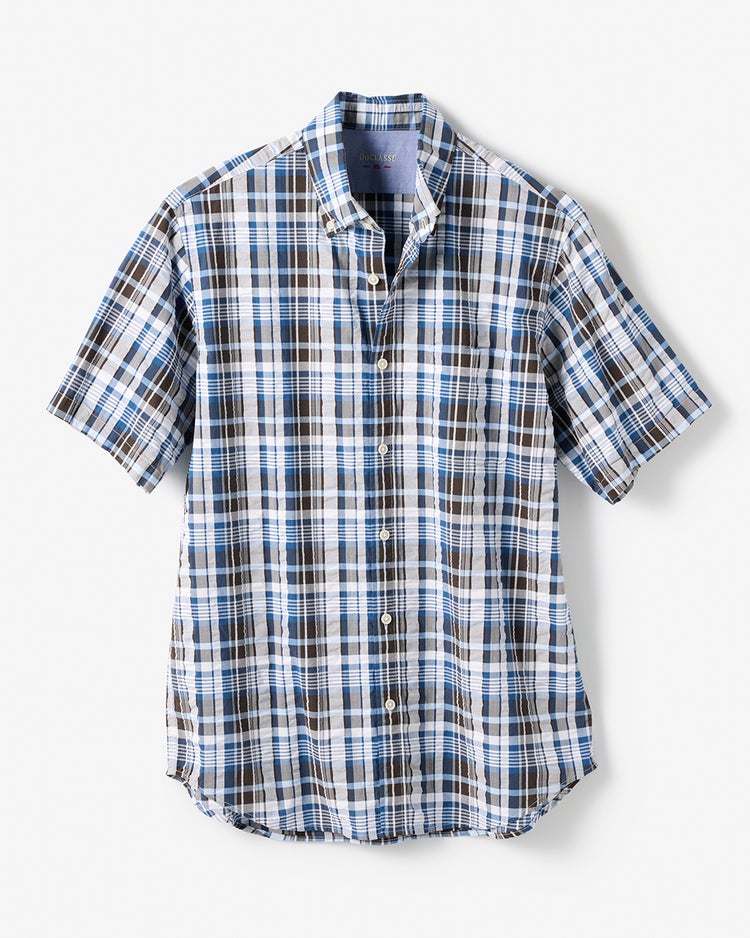 ライトコットン先染めシアサッカー半袖 詳細画像 ネイビー&times;DKブラウン 1