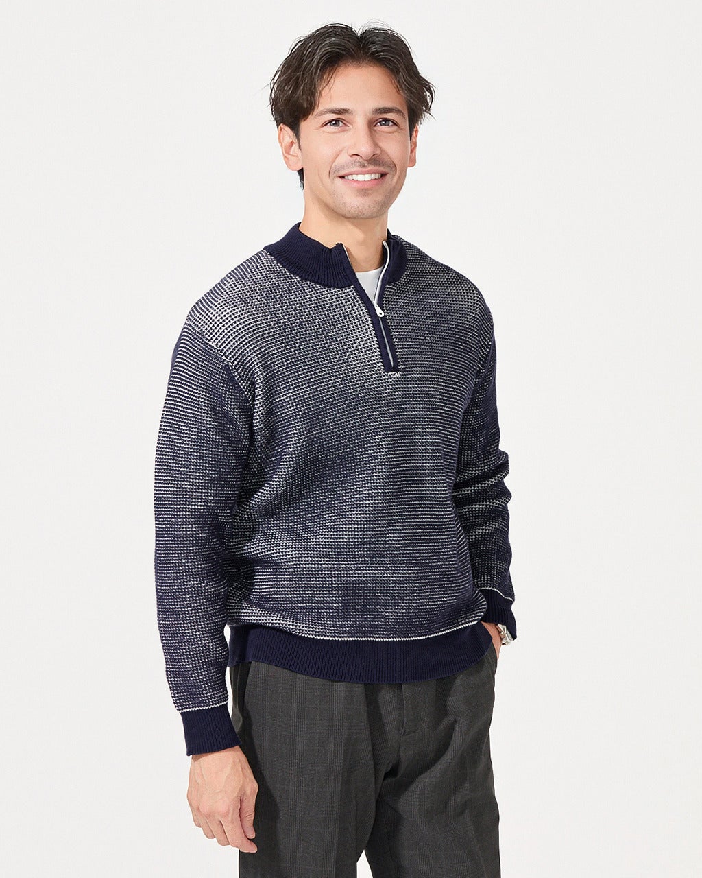 テクスチャー編みニット・ハーフジップ/40代50代からのメンズ