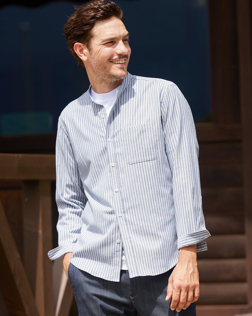 両面起毛フランネル スタンドカラーシャツ/40代50代からのメンズ