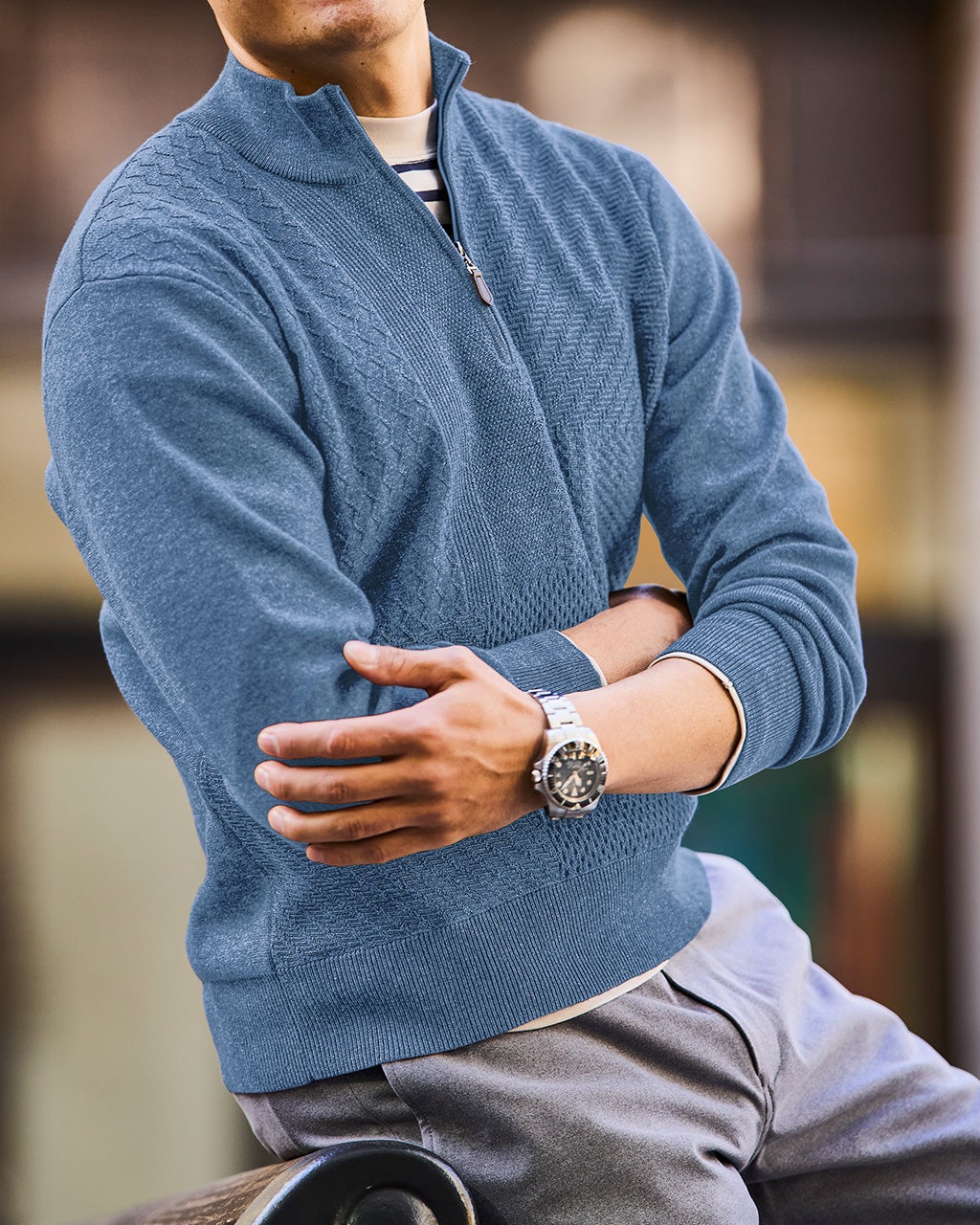コットンブレンド巧み編みハーフジップ/40代50代からのメンズ