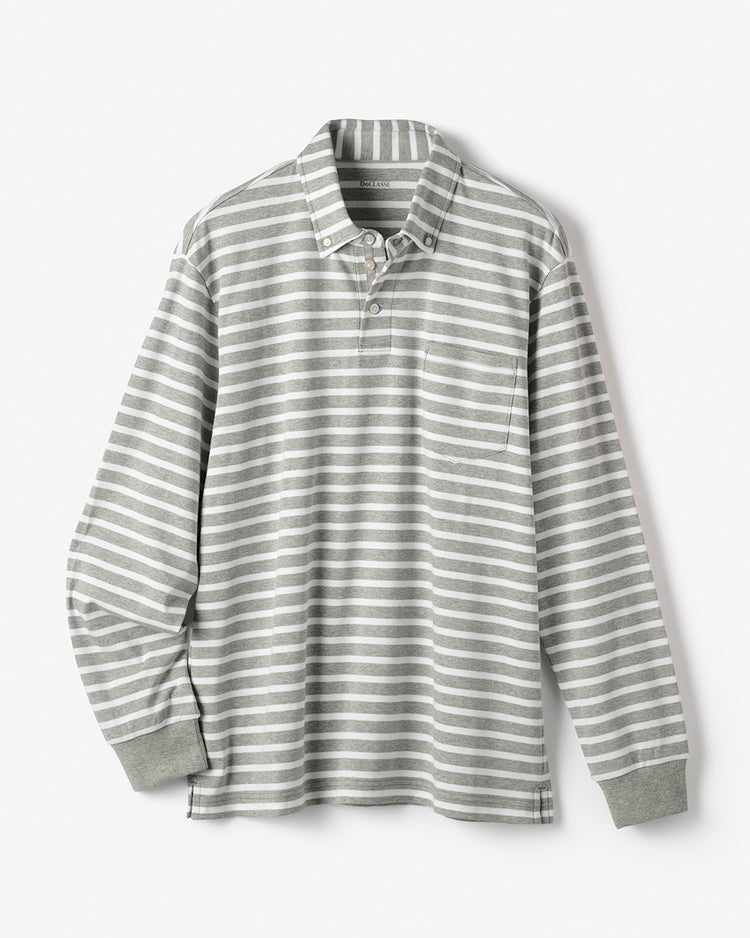 超長綿リファインドポロ　長袖 詳細画像 杢グレー&times;ホワイト 1