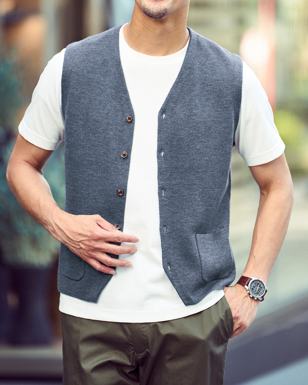 【未使用】スリードッツ　ニットジレ　ライトグレー　綿100％　定価約3.5万円 着心地ライトニットジレ/40代50代からのメンズファッション通販