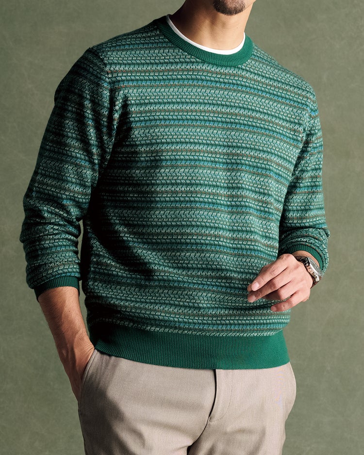 ファインゲージジャカード編みクルーニット 詳細画像 グリーン・パターン 1