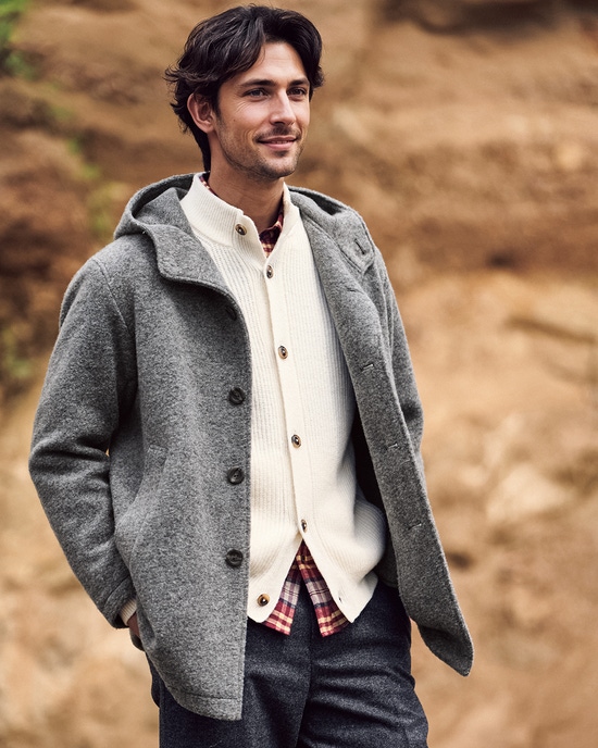 ウール混ストレッチボア・フーデッドコート