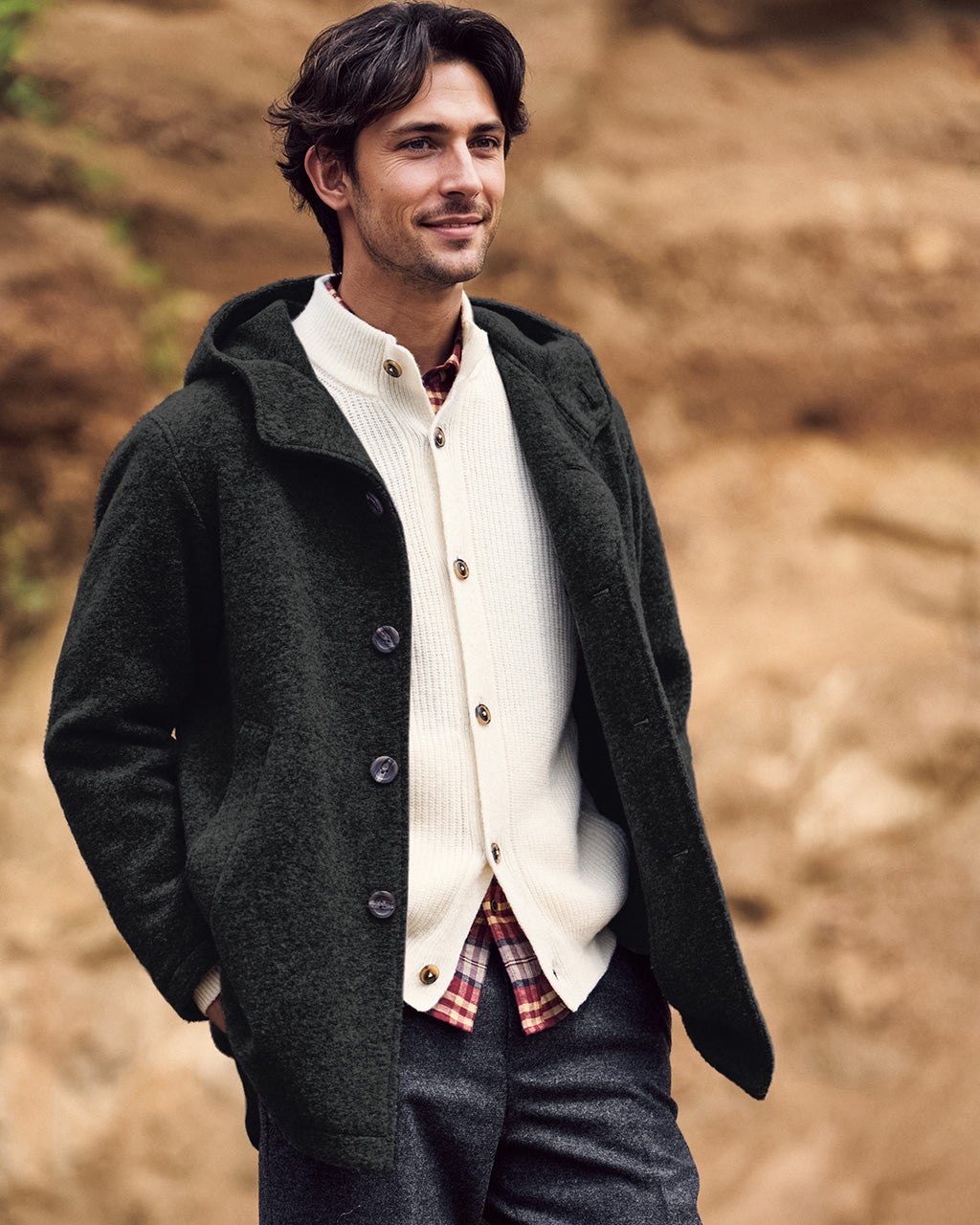 ウール混ストレッチボア・フーデッドコート/40代50代からのメンズ