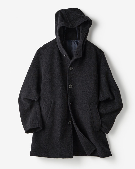ウール混ストレッチボア・フーデッドコート
