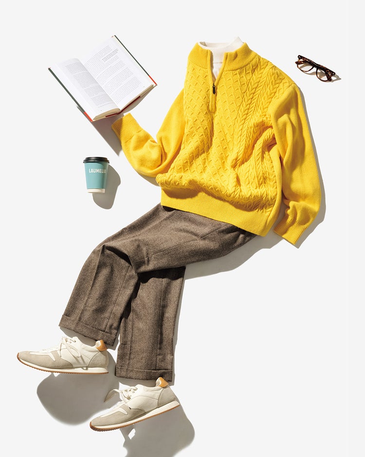 ウールブレンド・柄編みハーフジップ 詳細画像 イエロー 1