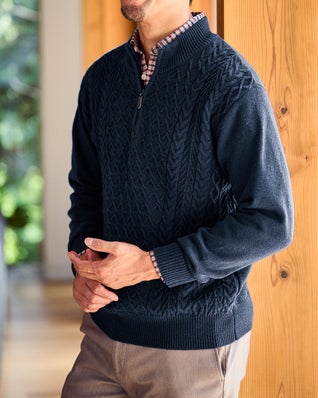 ウールブレンド・柄編みハーフジップ