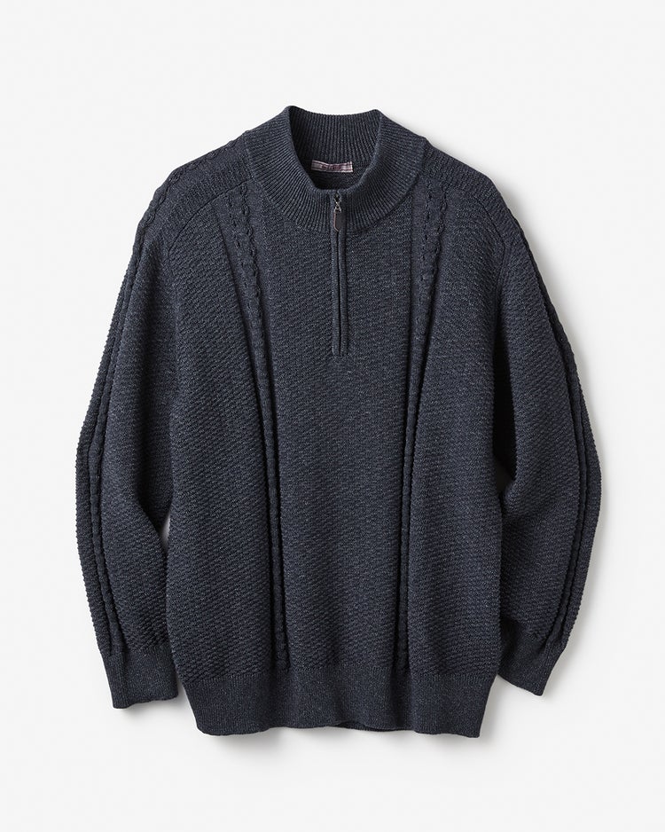 立体編みアラン柄ハーフジップ 詳細画像 ダークインディゴ 1
