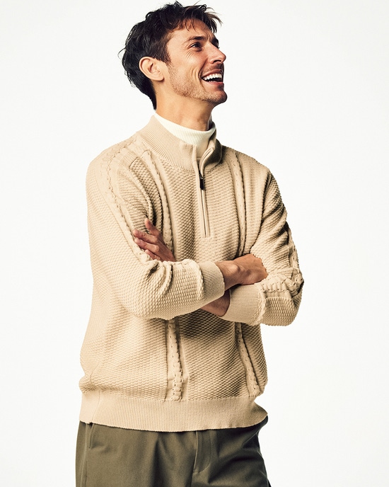 立体編みアラン柄ハーフジップ