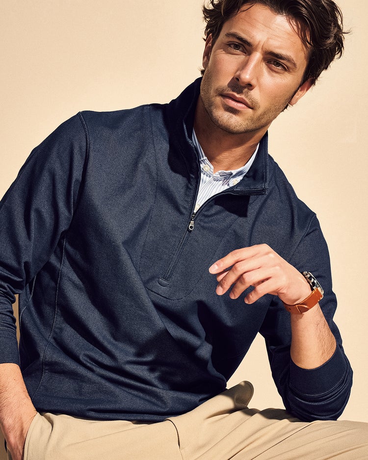 重ね着風・高伸縮ジャージハーフジップ 詳細画像 インディゴ 1