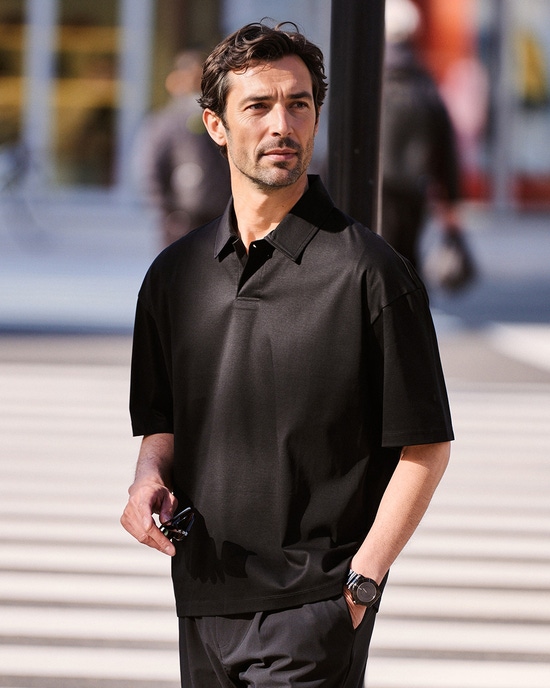 接触冷感・綿100%オーバーサイズポロ・5分袖