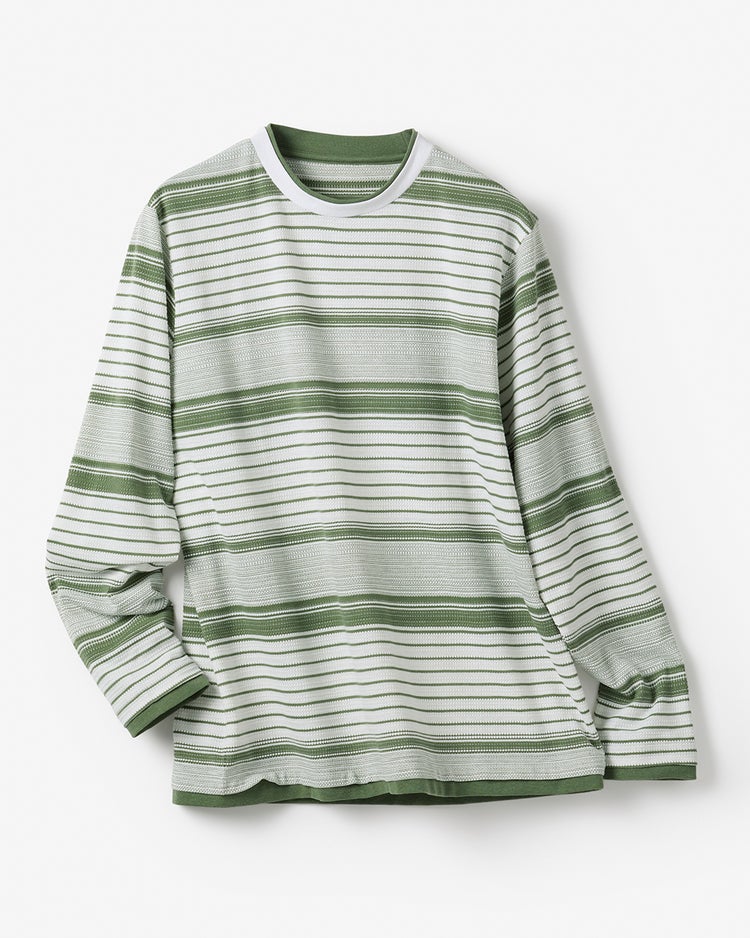 重ね着風・立体編みボーダーセーター 詳細画像 グリーン&times;ホワイト 1