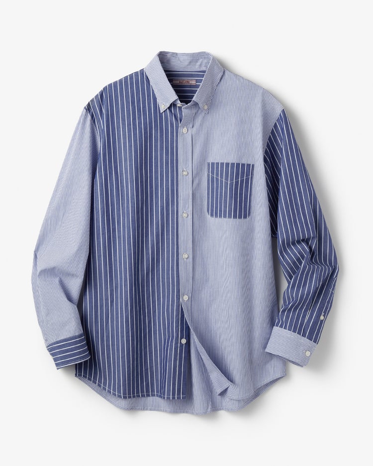 綿100%ストライプ切り替えシャツ 詳細画像 ブルー・パターン 1