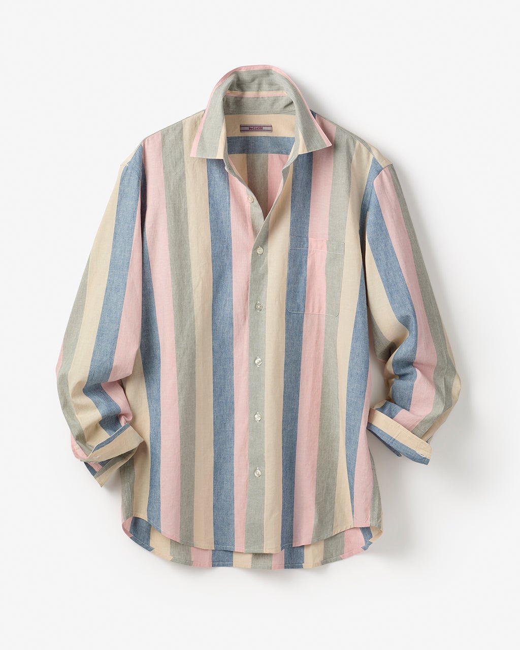 NO.6-180Paulsmithリネン100長袖シャツ　ピンク×サックスブルー COOLMAXリネン混シャツ長袖/DoCLASSE