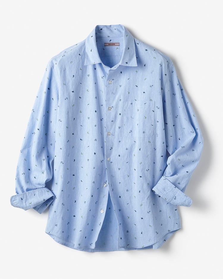 COOLMAXリネン混シャツ長袖 詳細画像 サックス・パターン 1