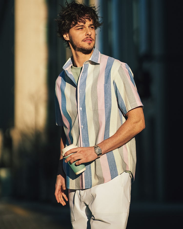 COOLMAXリネン混シャツ半袖 詳細画像 ピンクストライプ 1