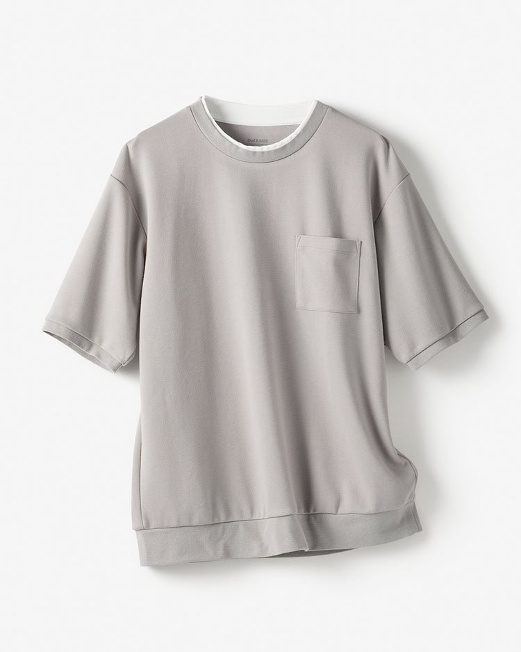 重ね着風クルーネックストレッチTシャツ 詳細画像 グレージュ 1