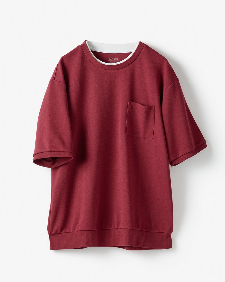 重ね着風クルーネックストレッチTシャツ 詳細画像 バーガンディー 1