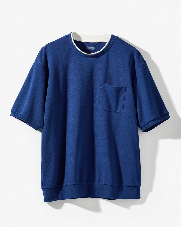 重ね着風クルーネックストレッチTシャツ 詳細画像 ブルー 1