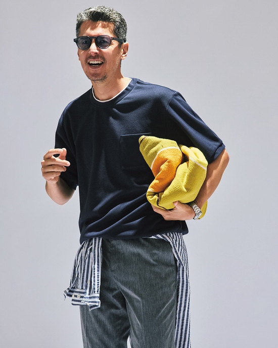 重ね着風クルーネックストレッチTシャツ