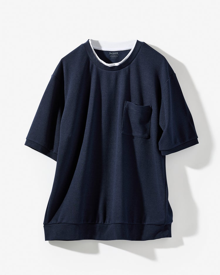 重ね着風クルーネックストレッチTシャツ 詳細画像 ネイビー 2