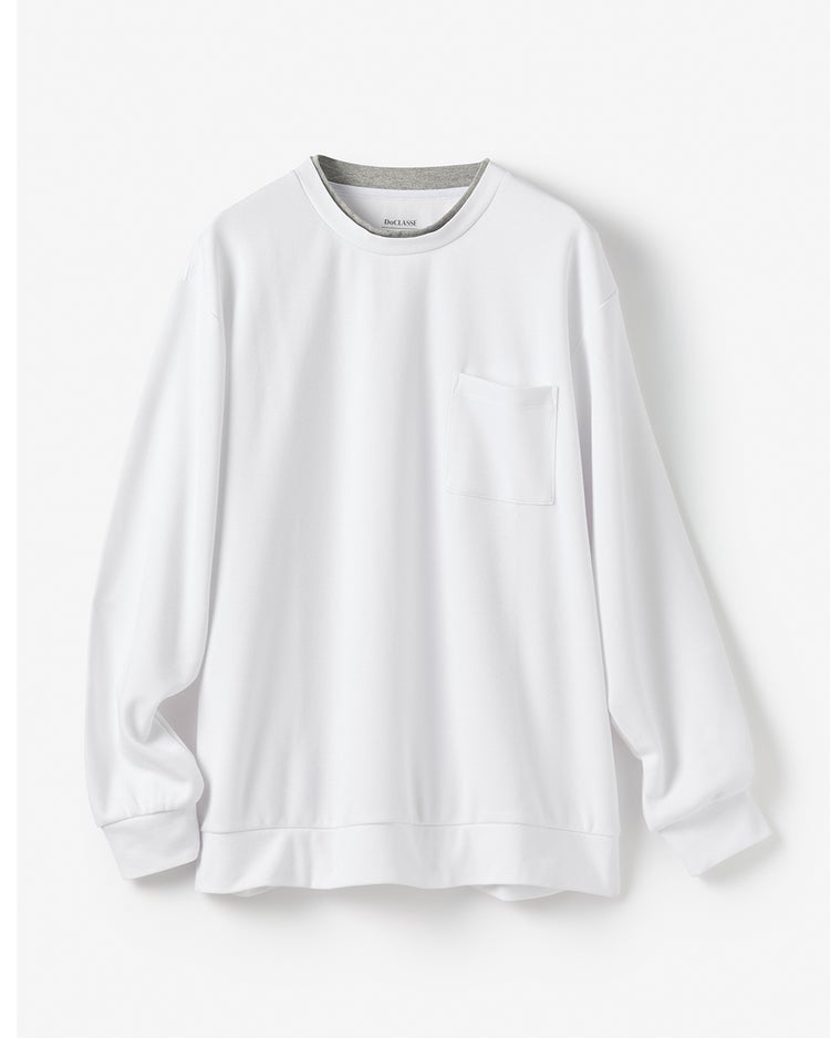 重ね着風クルーネックストレッチロングTシャツ 詳細画像 ホワイト 1