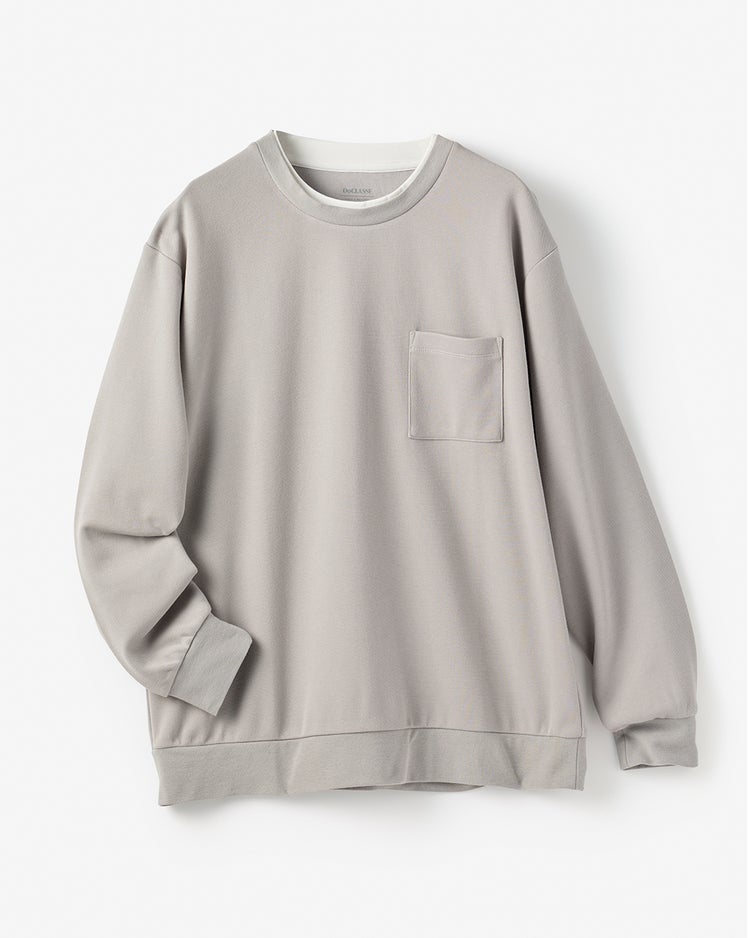 重ね着風クルーネックストレッチロングTシャツ 詳細画像 グレージュ 1