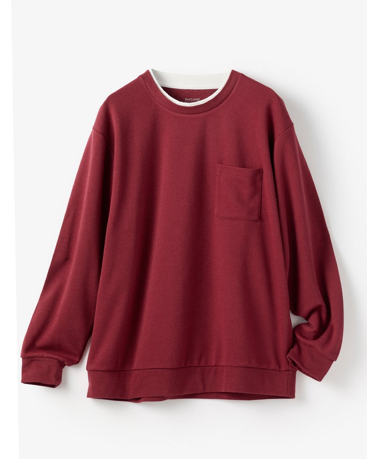 重ね着風クルーネックストレッチロングTシャツ 詳細画像 バーガンディー 1