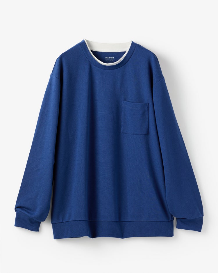重ね着風クルーネックストレッチロングTシャツ 詳細画像 ブルー 2