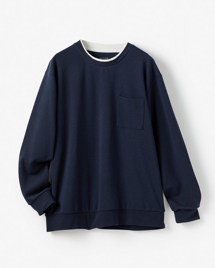 重ね着風クルーネックストレッチロングTシャツ 詳細画像 ネイビー 1