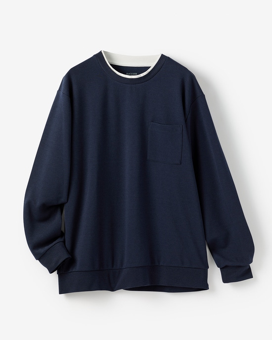 重ね着風クルーネックストレッチロングTシャツ