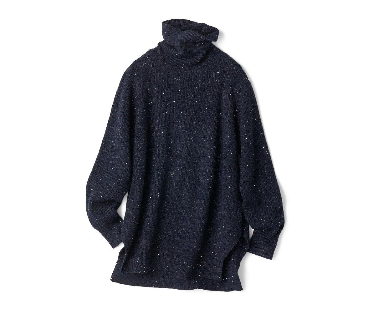 ラメ糸スパンコールニット・片畦タートルネック ネイビー