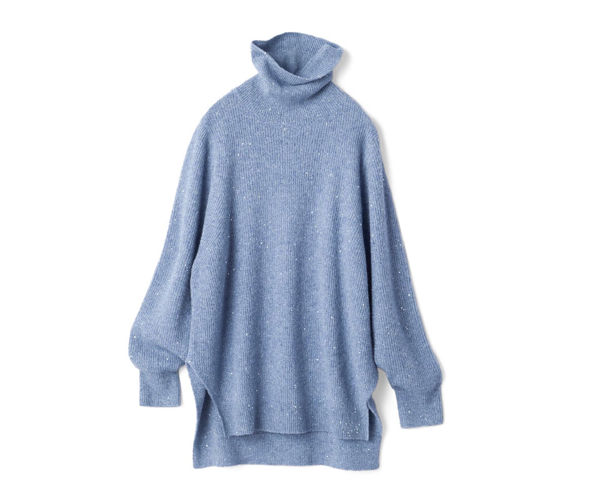 ラメ糸スパンコールニット・片畦タートルネック　サックス