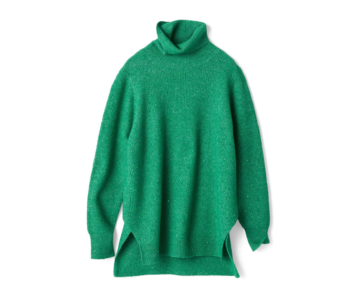 ラメ糸スパンコールニット・片畦タートルネック　グリーン