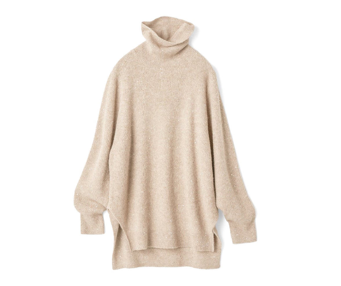 ラメ糸スパンコールニット・片畦タートルネック　シャンパン