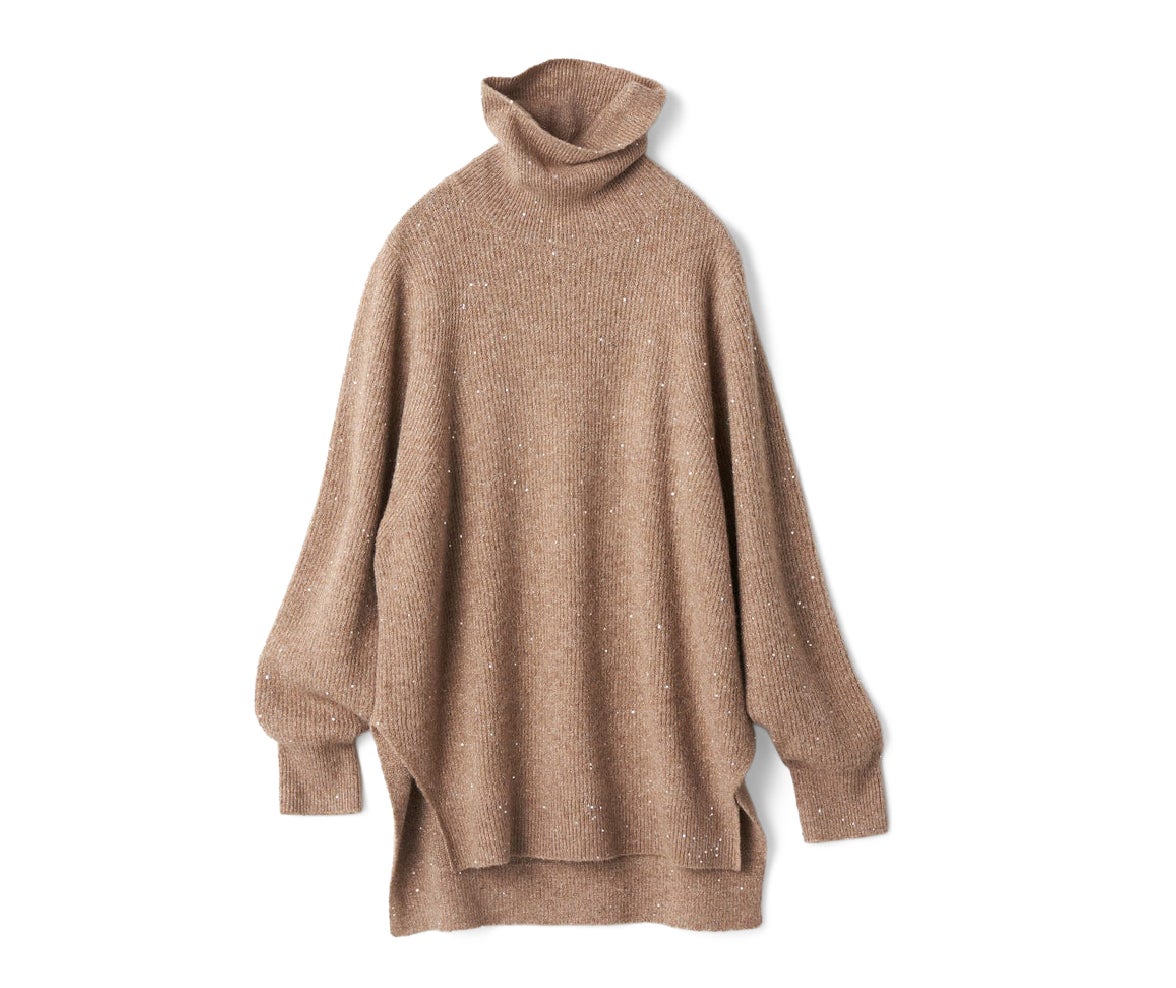 ラメ糸スパンコールニット・片畦タートルネック　ゴールド×ベージュ