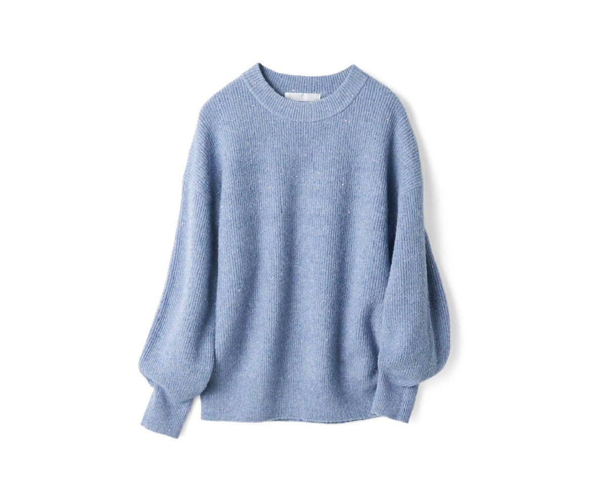 ラメ糸スパンコールニット・片畦クルーネック サックス