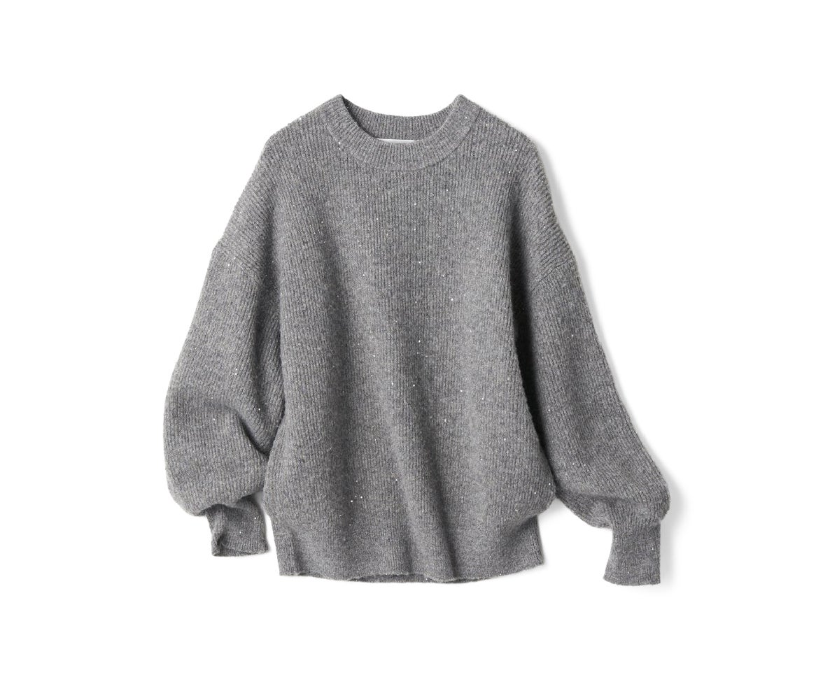 ラメ糸スパンコールニット・片畦クルーネック グレー