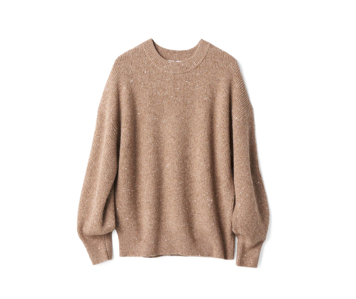 ラメ糸スパンコールニット・片畦クルーネック ゴールド×ベージュ