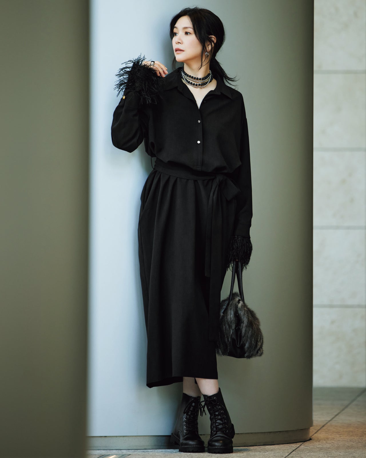 ウールライクストレッチ・２WAY袖ワンピース