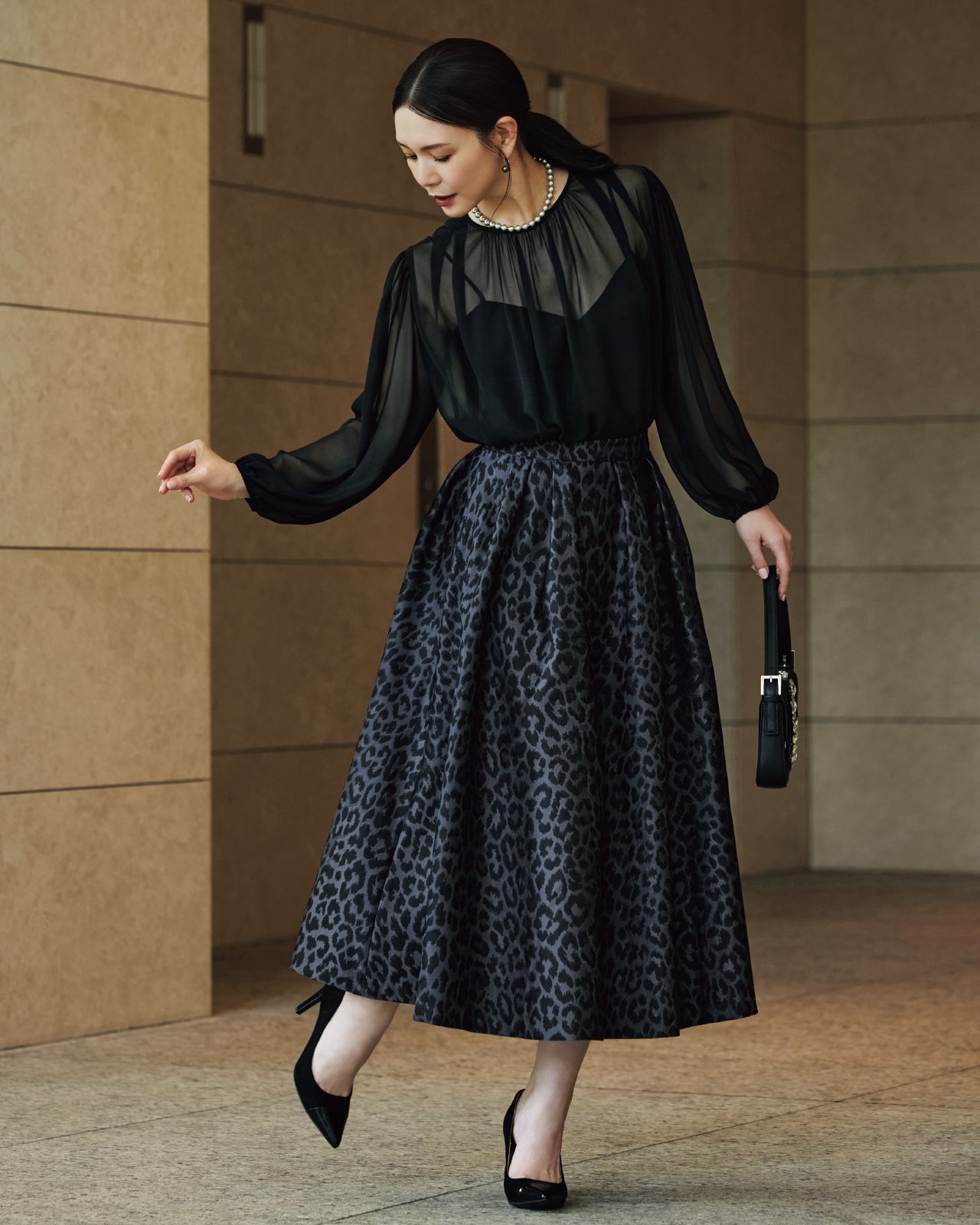 レオパードジャカード・タックフレアスカート